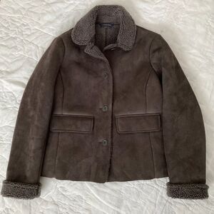 Lands End Faux Suede Sherpa Lined Chore Coat - Gray Teddy Coat - Womens XS